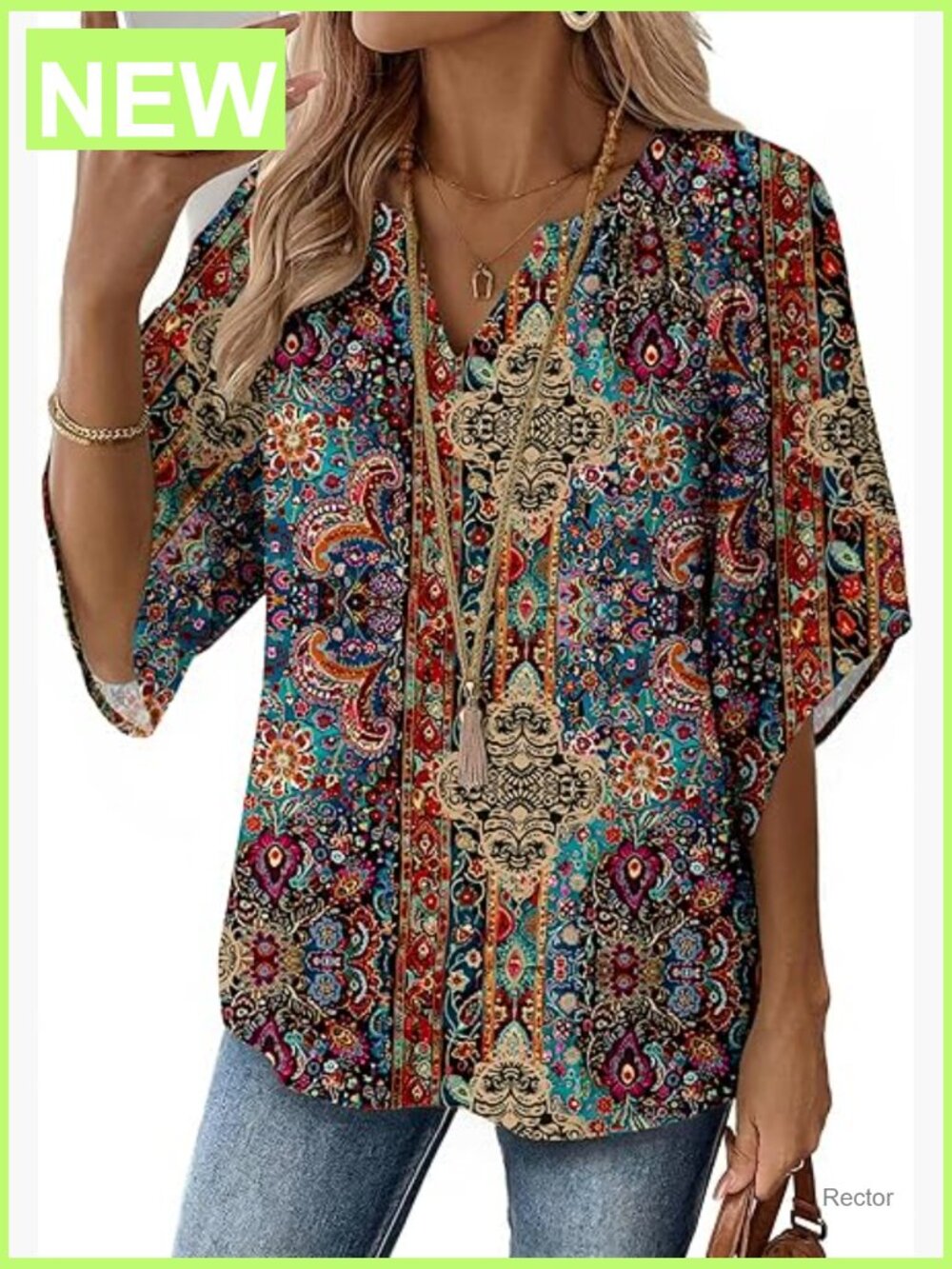Boho Floral 3/4 Bell Sleeve V-Neck Tunic Top - Lightweight with recycled